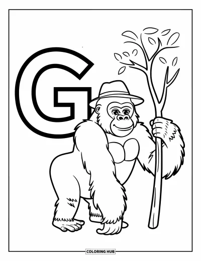 Coloriage de la lettre G pour enfants : Un gorille avec une branche d'arbre se tient à côté de la lettre G