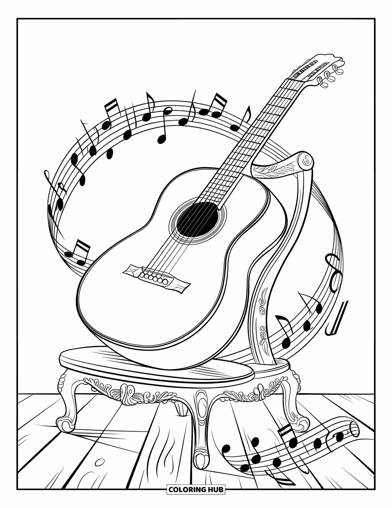 Letter G Coloring Page for Kids: Guitar resting on wood floor with music notes swirling above