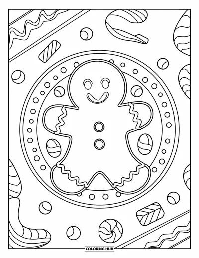 Coloriage de la lettre G pour enfants : Un joyeux bonhomme en pain d'épices avec des bonbons et du glaçage sur une table
