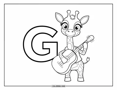 Coloriage de la lettre G pour enfants : La lettre G et le g avec une girafe souriante qui joue de la musique