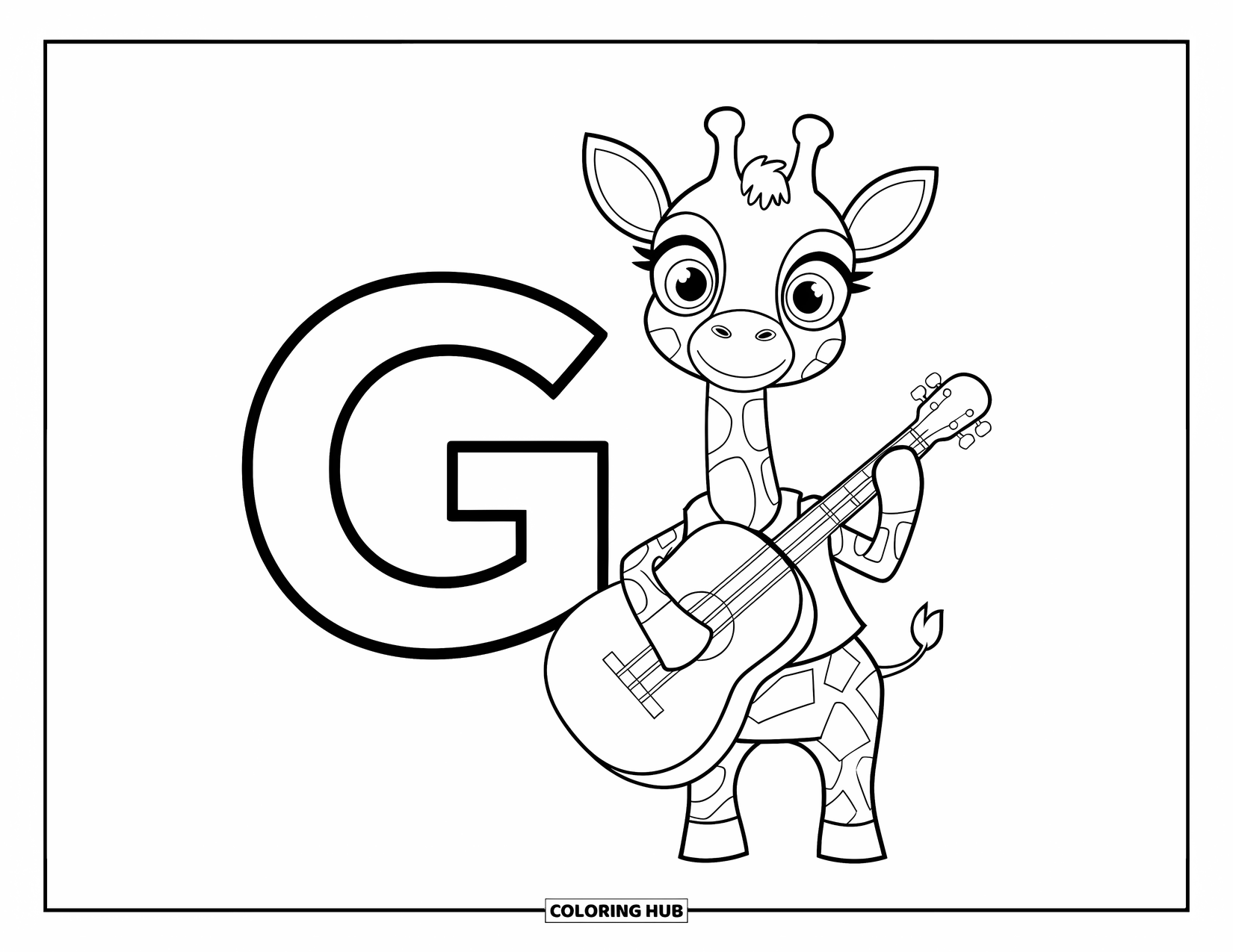 Letter G Coloring Page for Kids: Letter G and g with a happy giraffe playing music