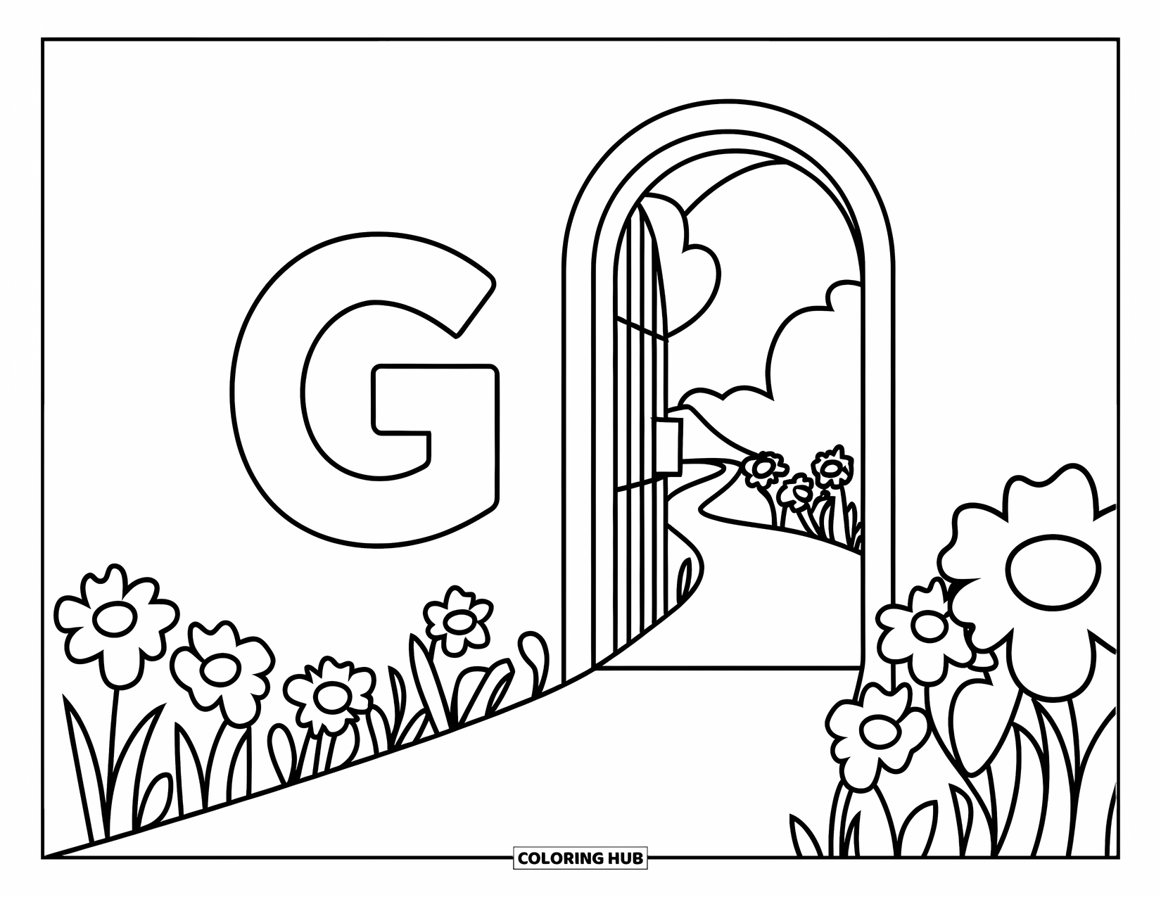 Letter G Coloring Page for Kids: Letter G beside a garden gate and a winding flower path