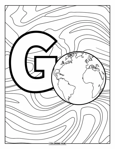 Coloriage de la lettre G pour enfants : La lettre G à côté d'un globe montrant des motifs de terres et de mers