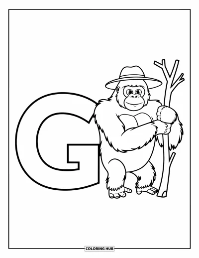 Coloriage de la lettre G pour enfants : La lettre G à côté d'un gorille tenant une branche et portant un chapeau