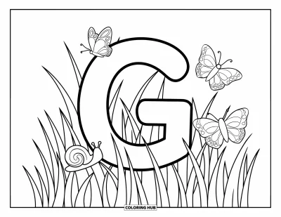 Coloriage de la lettre G pour enfants : La lettre G au milieu de hautes herbes avec de petits insectes et des papillons