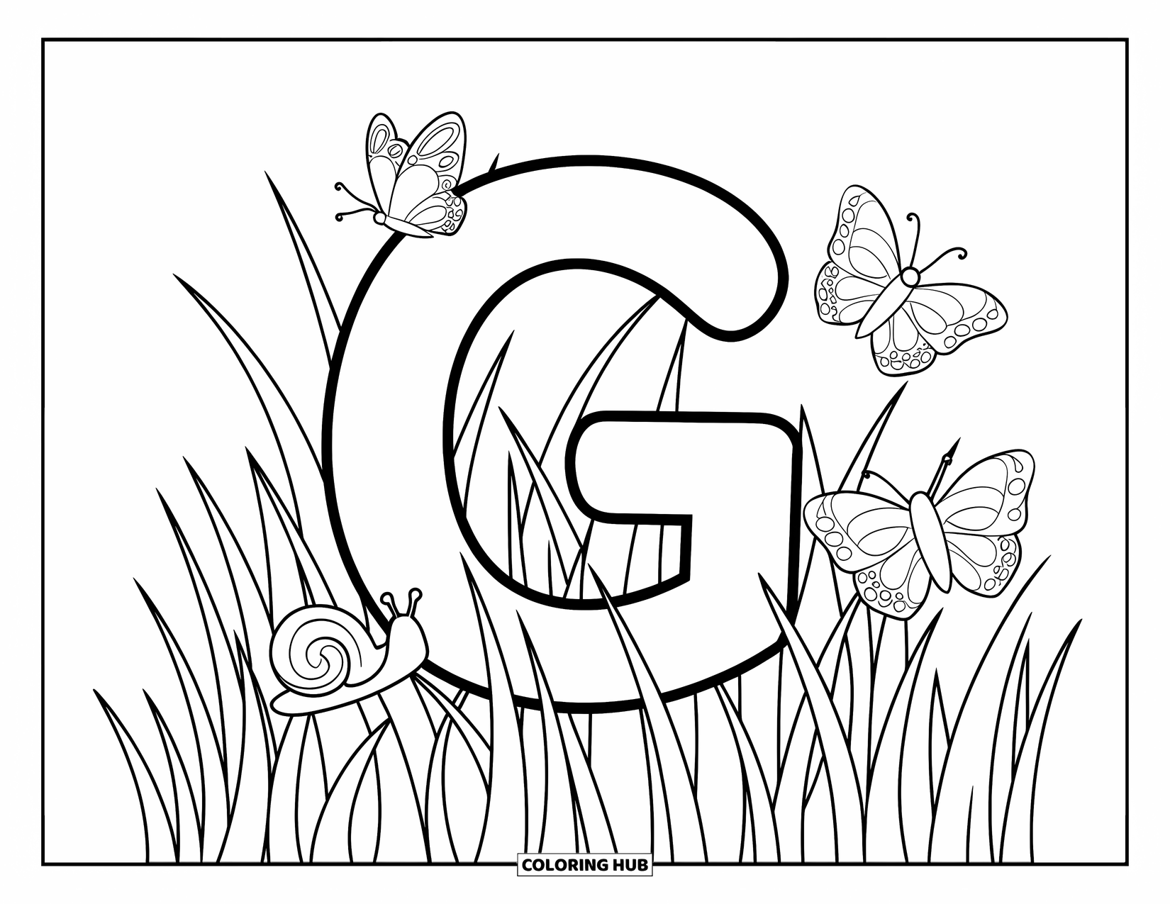 Letter G Coloring Page for Kids: Letter G sits among tall grass with little bugs and butterflies