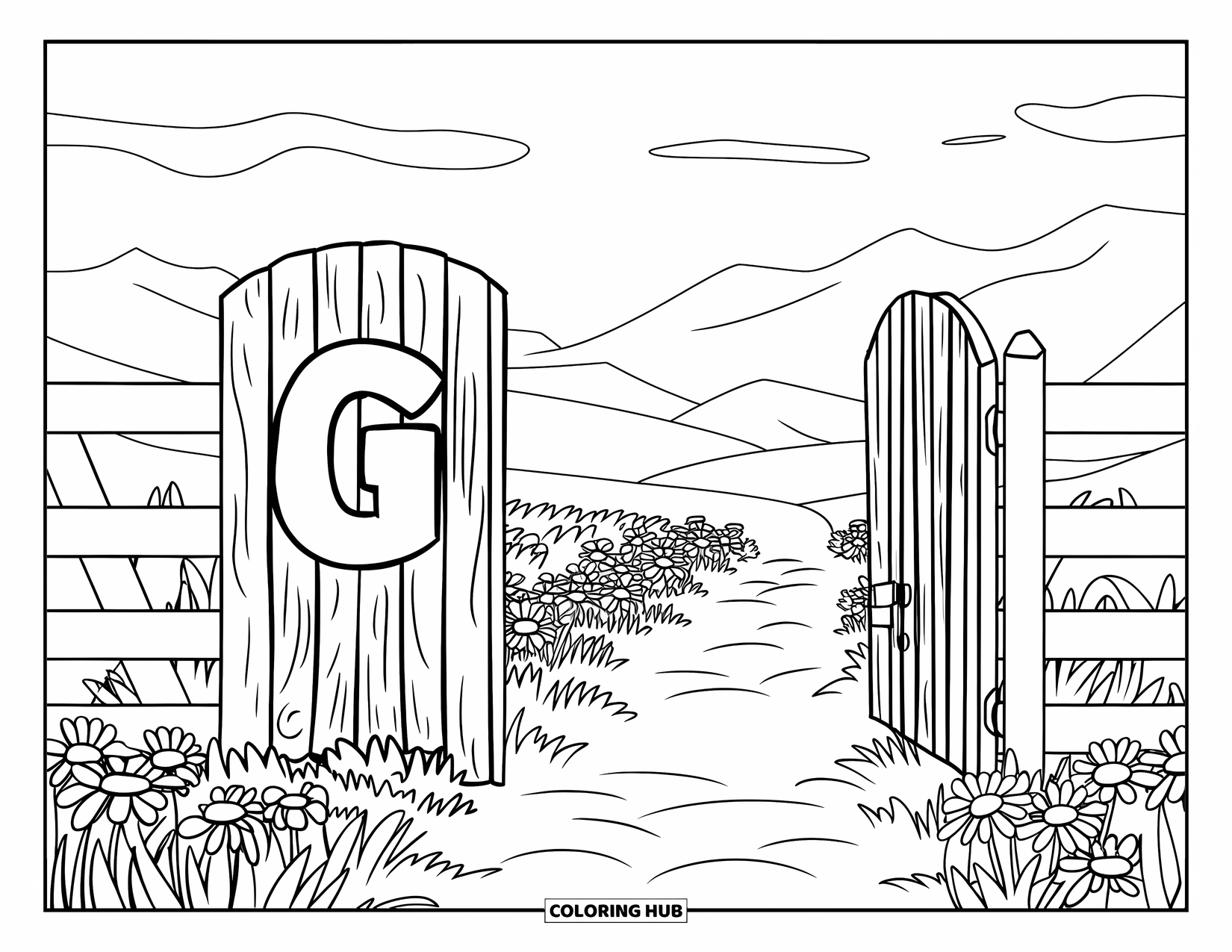 Letter G Coloring Page for Kids: Letter G stands near a wooden gate and peaceful flower path