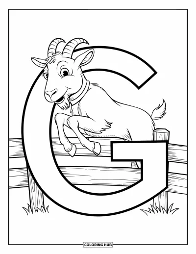 Coloriage de la lettre G pour enfants : La lettre G avec une chèvre qui saute par-dessus une clôture sur un sol herbeux