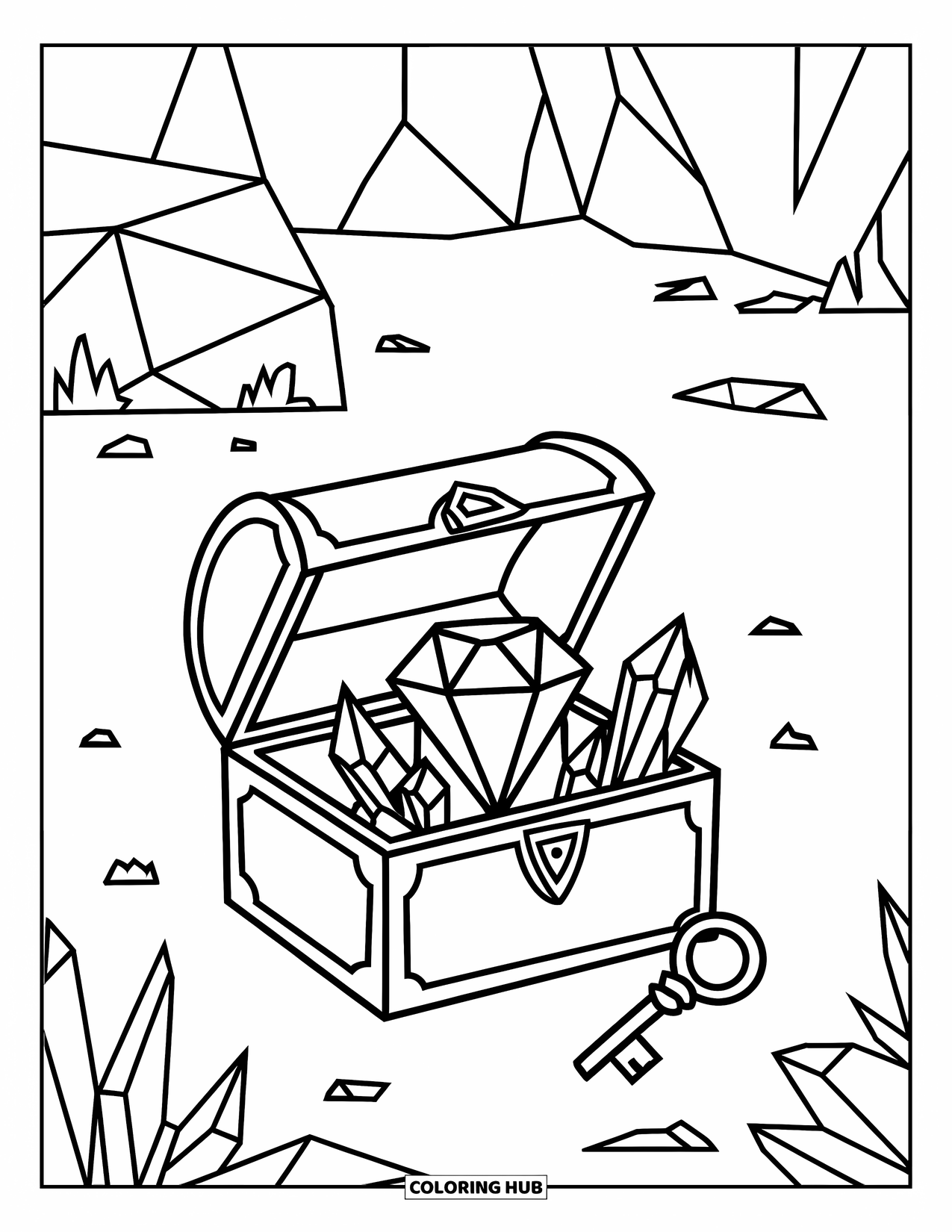 Letter G Coloring Page for Kids: Open treasure chest with gem, crystals, and nearby key on rocky ground