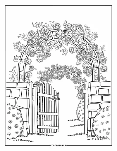 Coloriage de la lettre G pour enfants : Un portail rustique qui s'ouvre sur une arche couverte de fleurs et des buissons