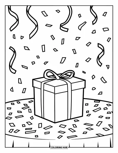 Coloriage de la lettre G pour enfants : Un simple paquet cadeau sur une table couverte de confettis de fête