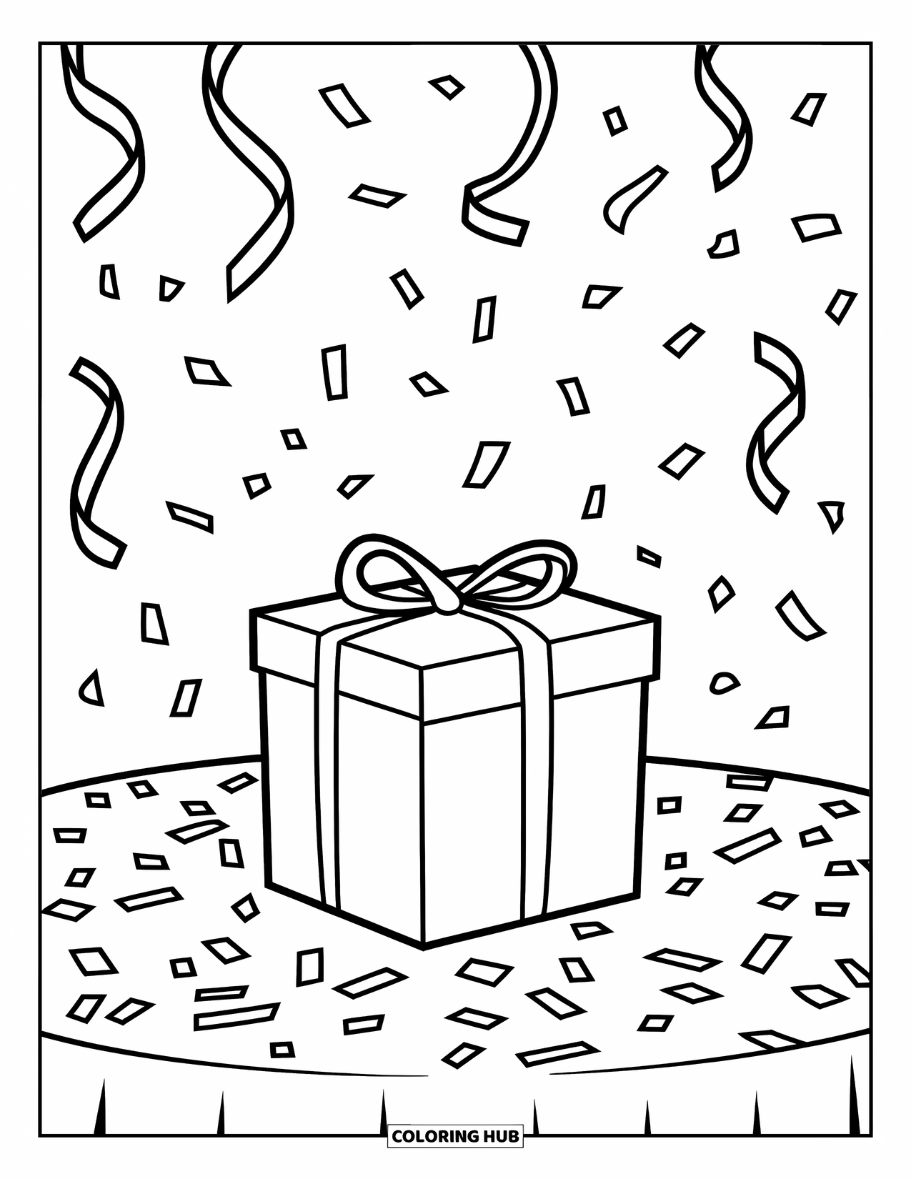 Letter G Coloring Page for Kids: Simple gift box on a table covered in party confetti