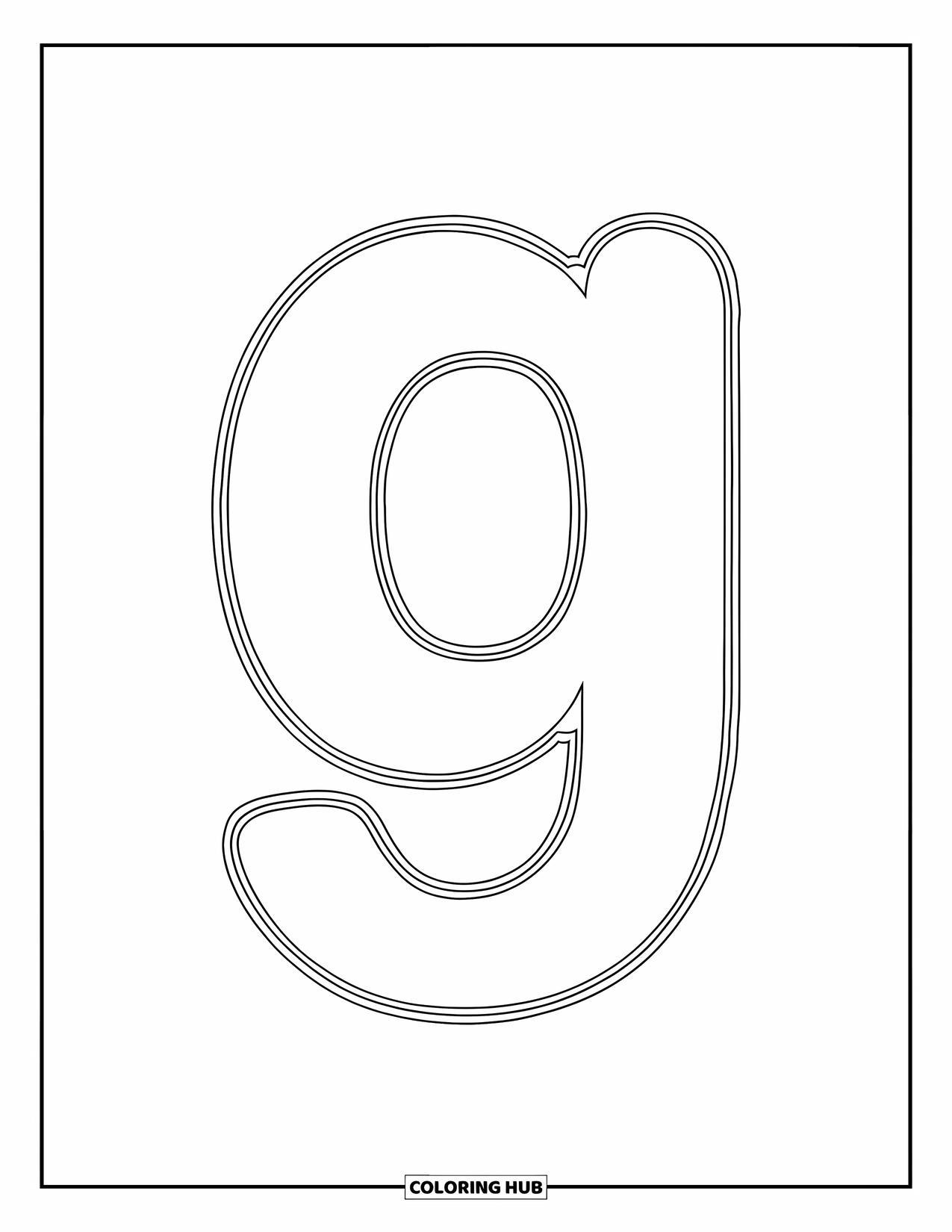 Letter G Coloring Page for Kids: Simple lowercase g with bold lines and a cheerful feel