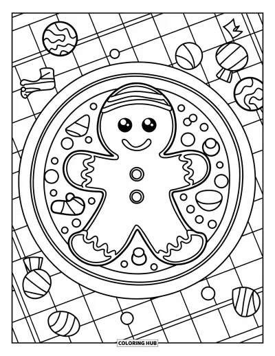 Coloriage de la lettre G pour enfants : Un bonhomme en pain d'épices souriant avec des détails en bonbons sur une table à carreaux