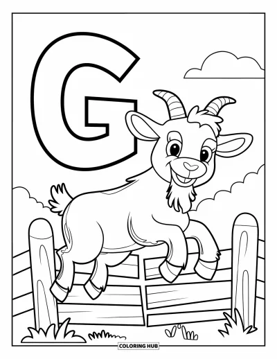 Coloriage de la lettre G pour enfants : Une chèvre souriante qui saute par-dessus une clôture avec la lettre G à proximité