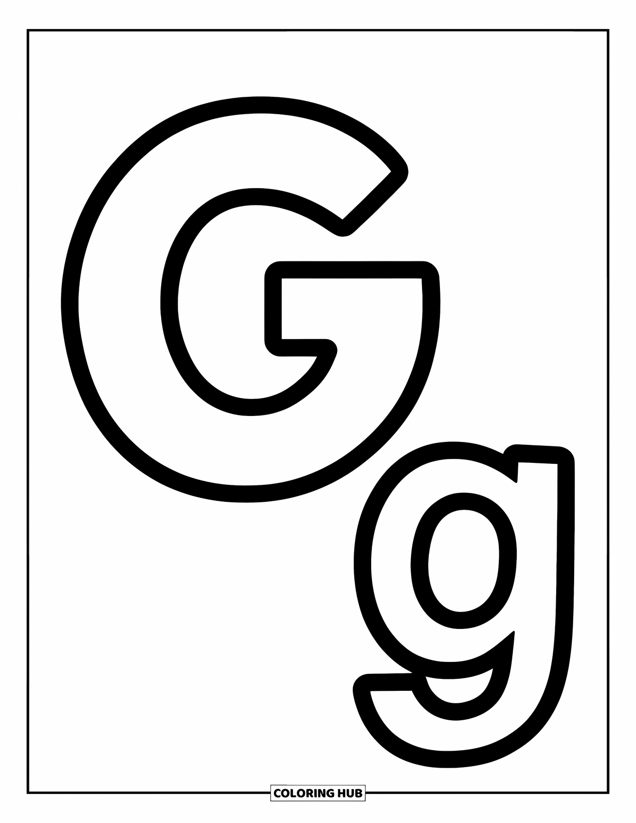 Letter G Coloring Page for Kids: Thick-outlined G and g with cheerful shapes for little learners