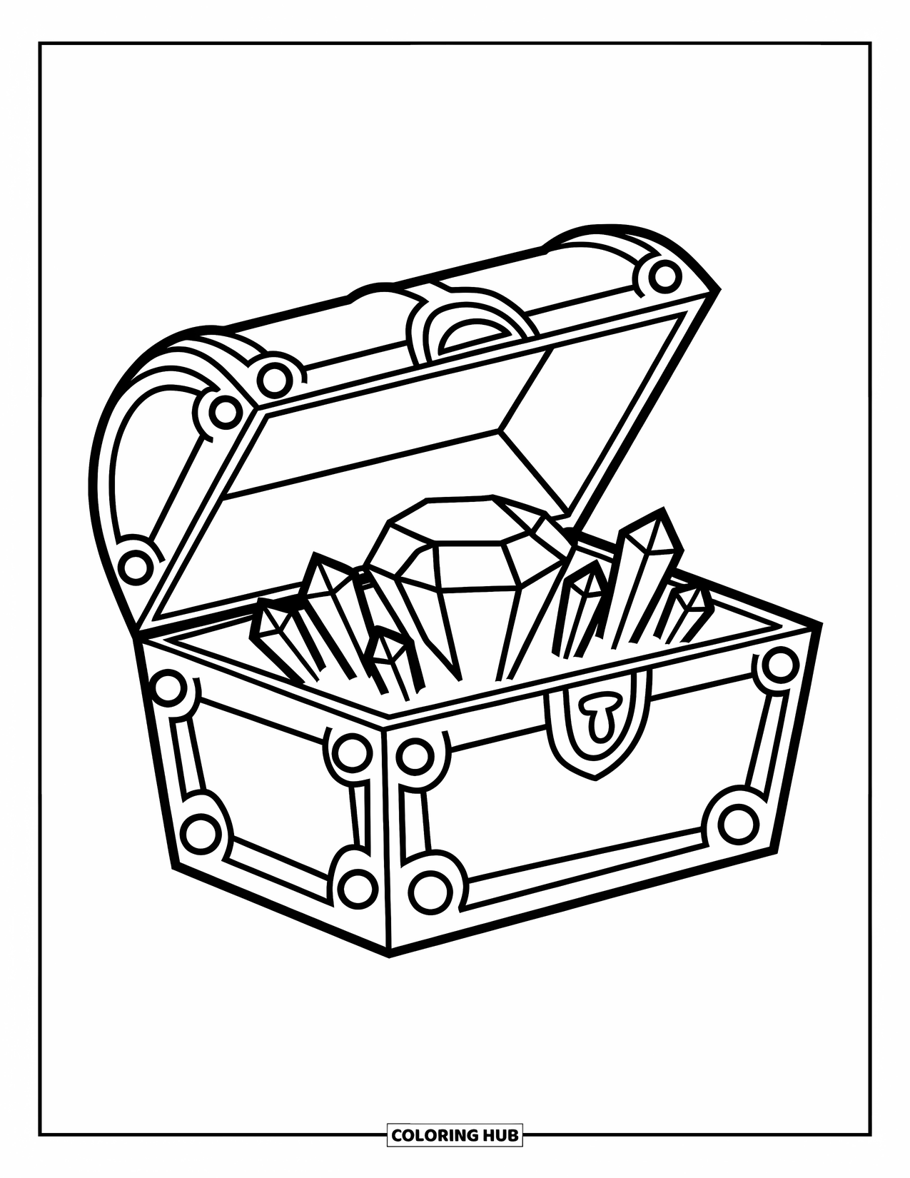 Letter G Coloring Page for Kids: Treasure chest with a gem inside and scattered crystals