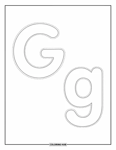 Coloriage de la lettre G pour enfants : Un G majuscule et un g minuscule en pointillés pour le tracé