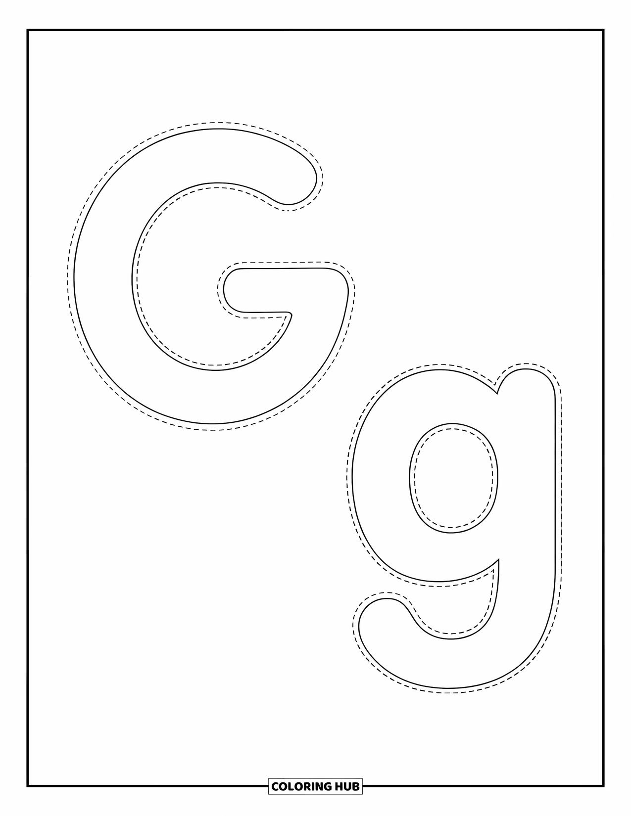 Letter G Coloring Page for Kids: Uppercase G and lowercase g in dotted lines for tracing