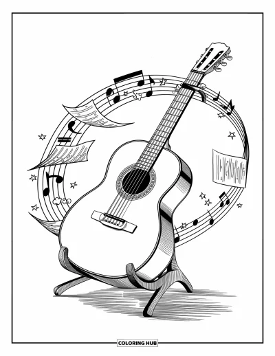Coloriage de la lettre G pour enfants : Une guitare vintage avec des notes de musique tourbillonnant autour d'elle