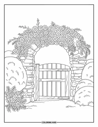 Coloriage de la lettre G pour enfants : Un portail en bois menant à une arche en pierre couverte de fleurs