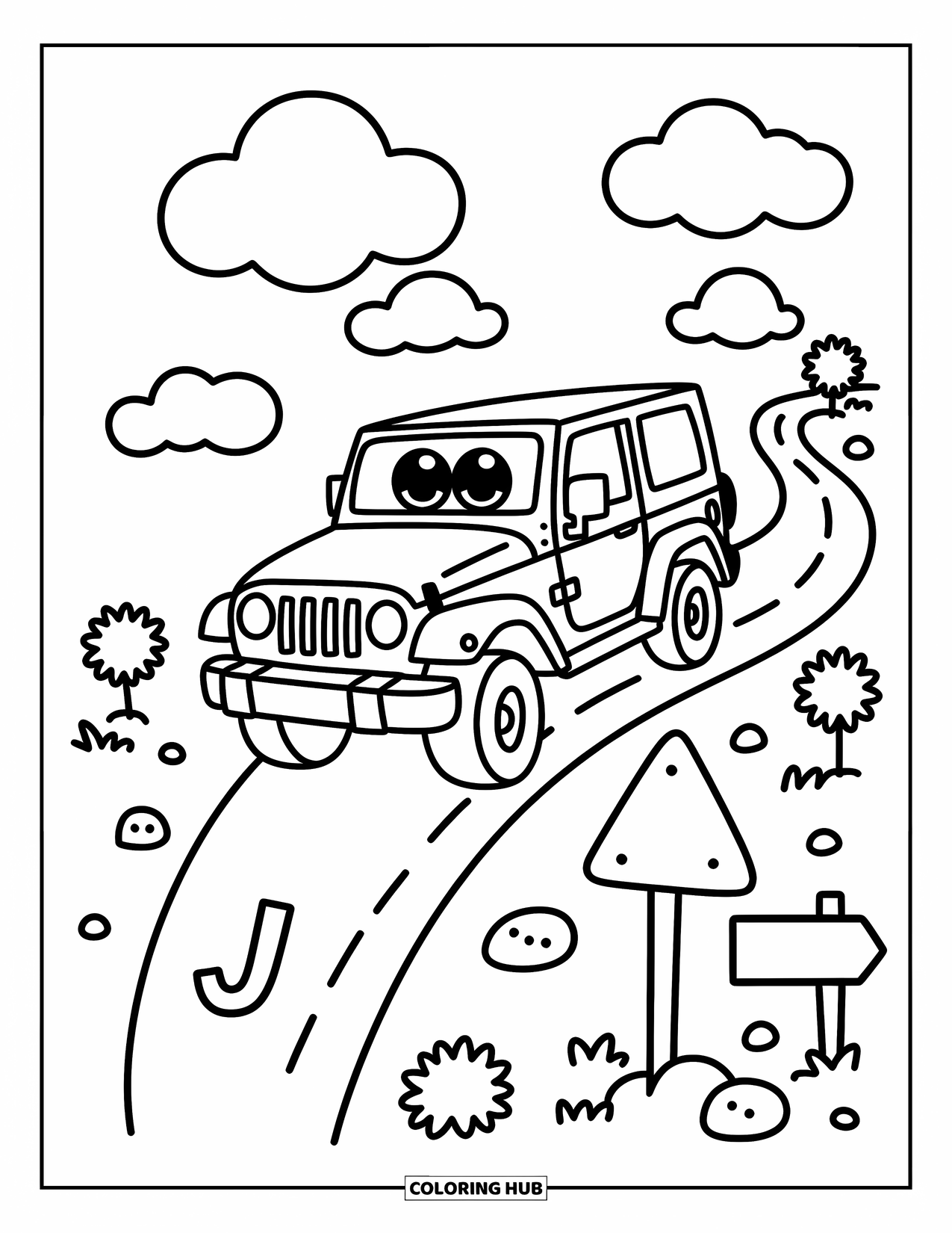 Letter J Coloring Page for Adults: A happy jeep climbs a J-marked path with pebbles, signs, and clouds