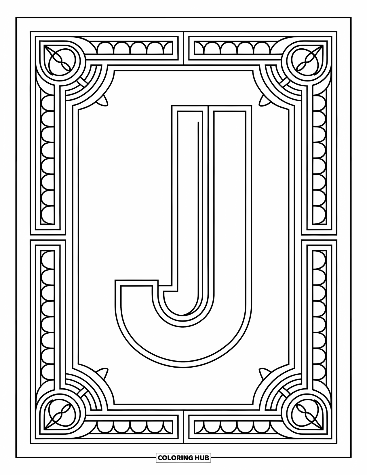 Letter J Coloring Page for Adults: Art deco-style frame with curves and floral corners around J