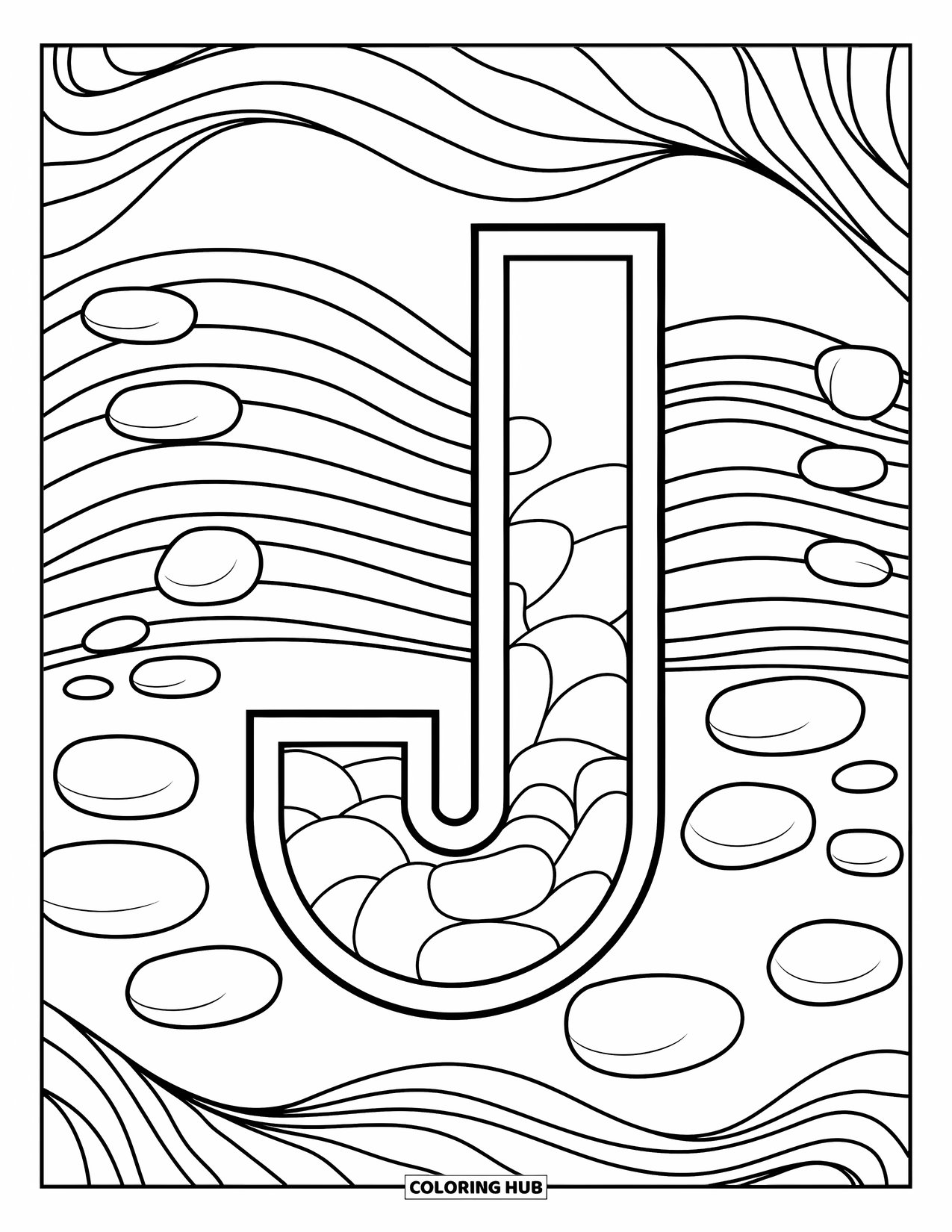 Letter J Coloring Page for Adults: J among calm zen waves, smooth stones, and swirling line art