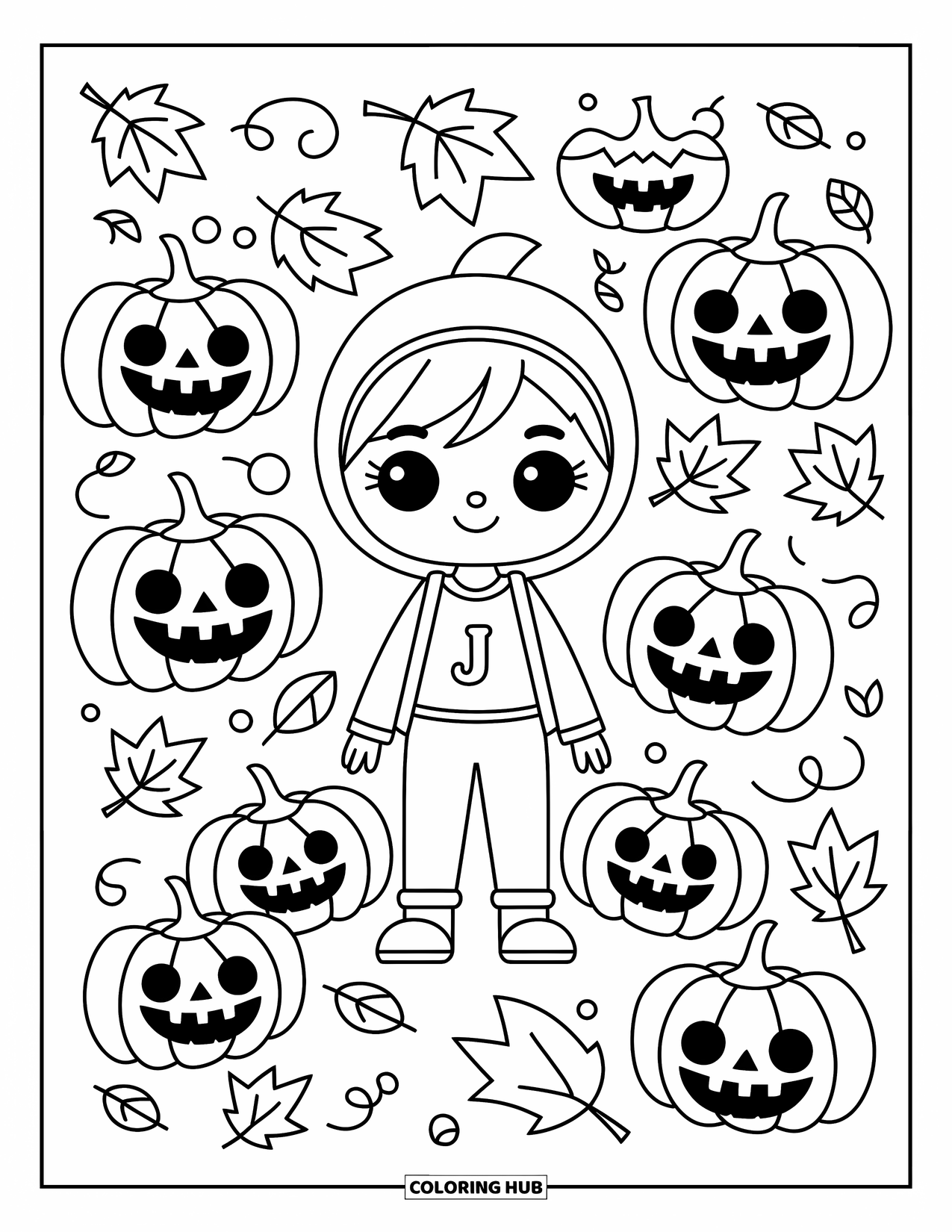 Letter J Coloring Page for Adults: J among jack-o'-lanterns, vines, and cozy fall leaves in a cute pumpkin patch