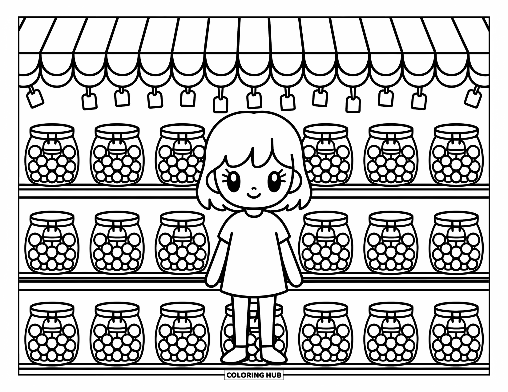 Letter J Coloring Page for Adults: J among jars of jelly candies in a charming and cozy candy shop