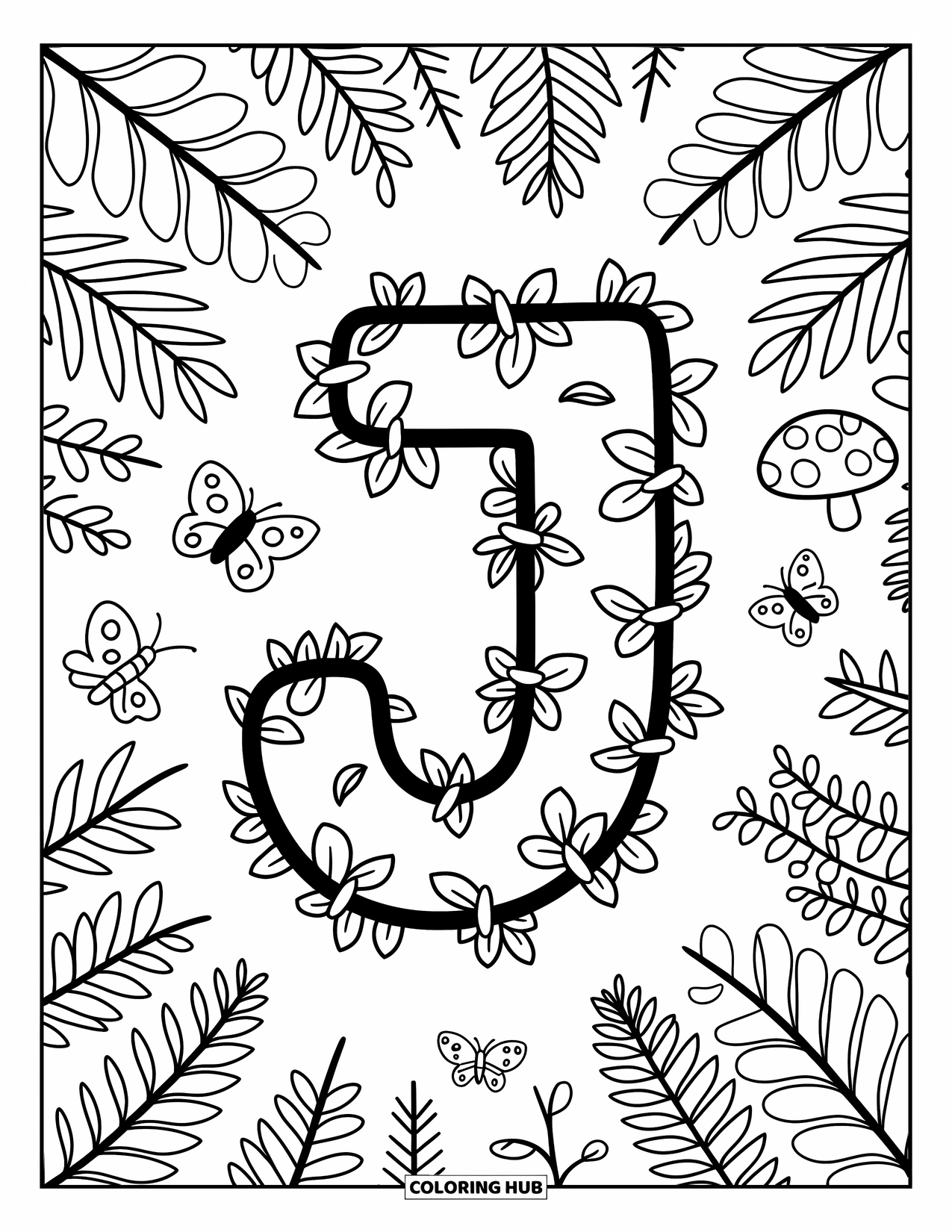 Letter J Coloring Page for Adults: J covered in jungle vines with butterflies, mushrooms, and leafy ferns nearby