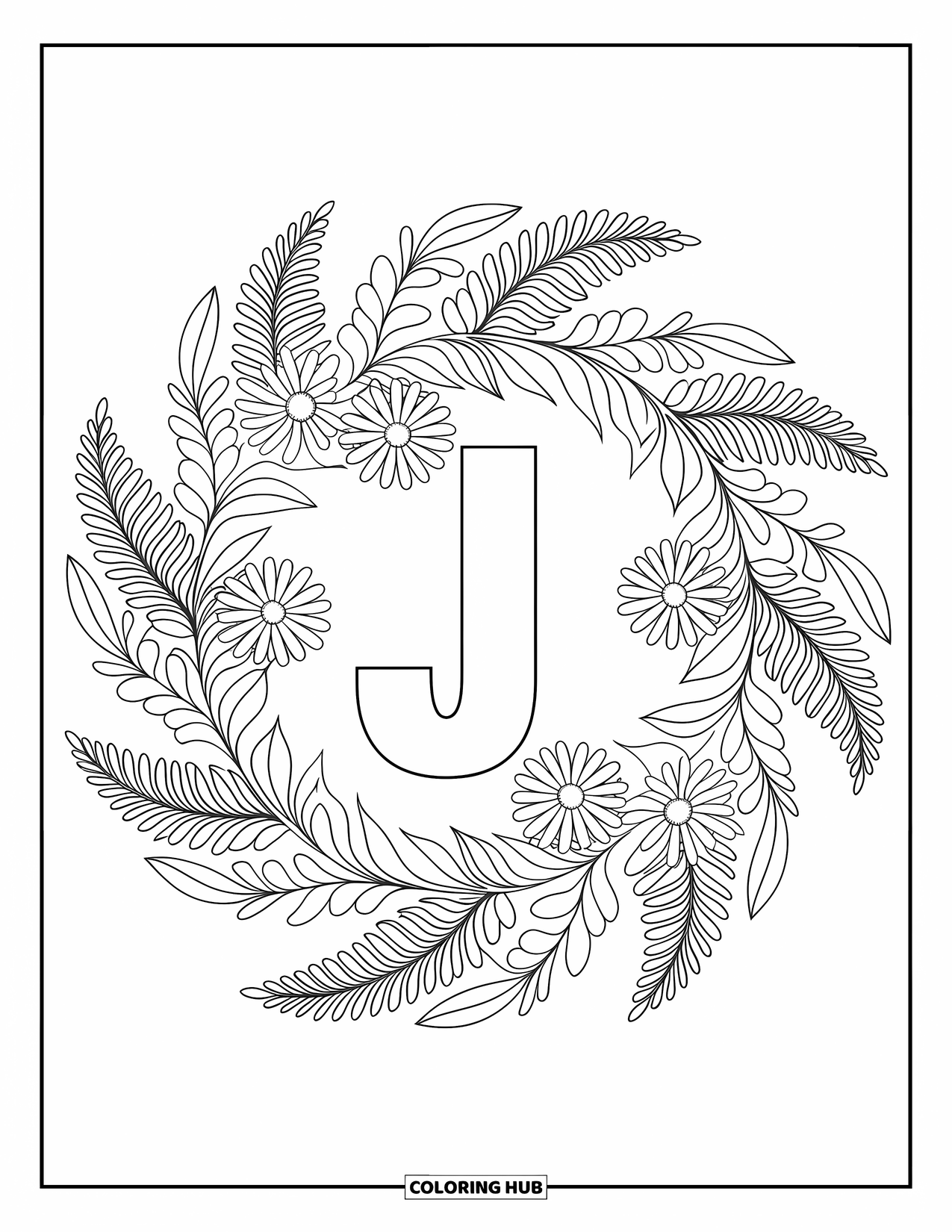 Letter J Coloring Page for Adults: J framed by detailed botanical layers in a peaceful mandala