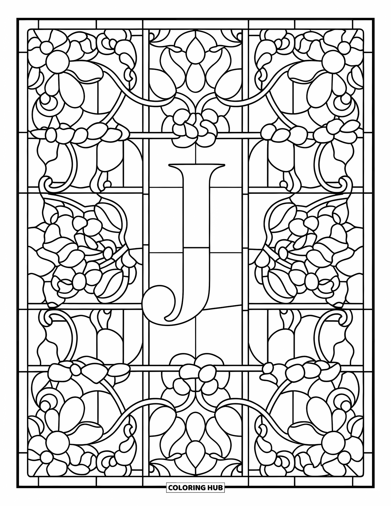 Letter J Coloring Page for Adults: J in a decorative stained glass window with floral vine patterns