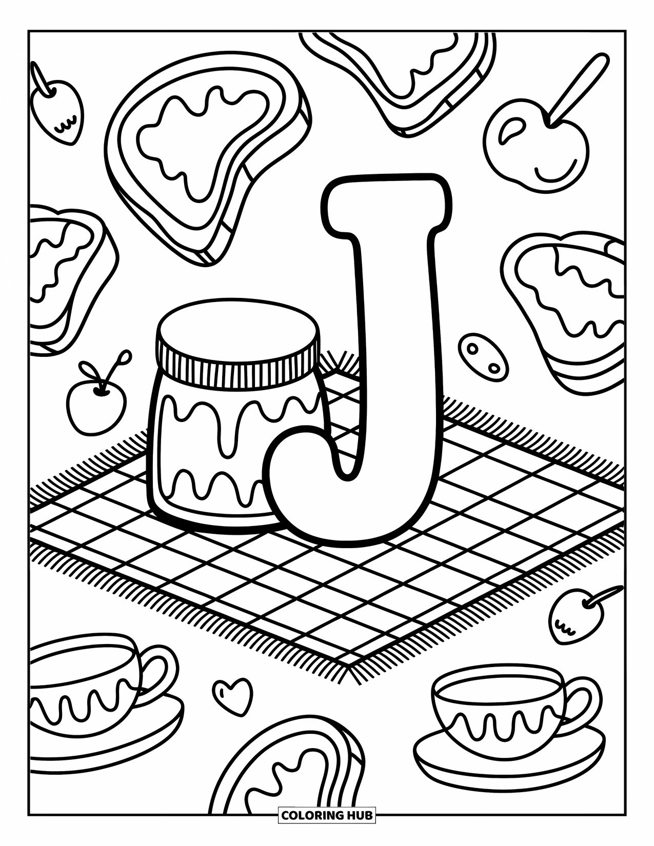 Letter J Coloring Page for Adults: J leans on a jam jar with toast, teacups, and fruit on a picnic mat