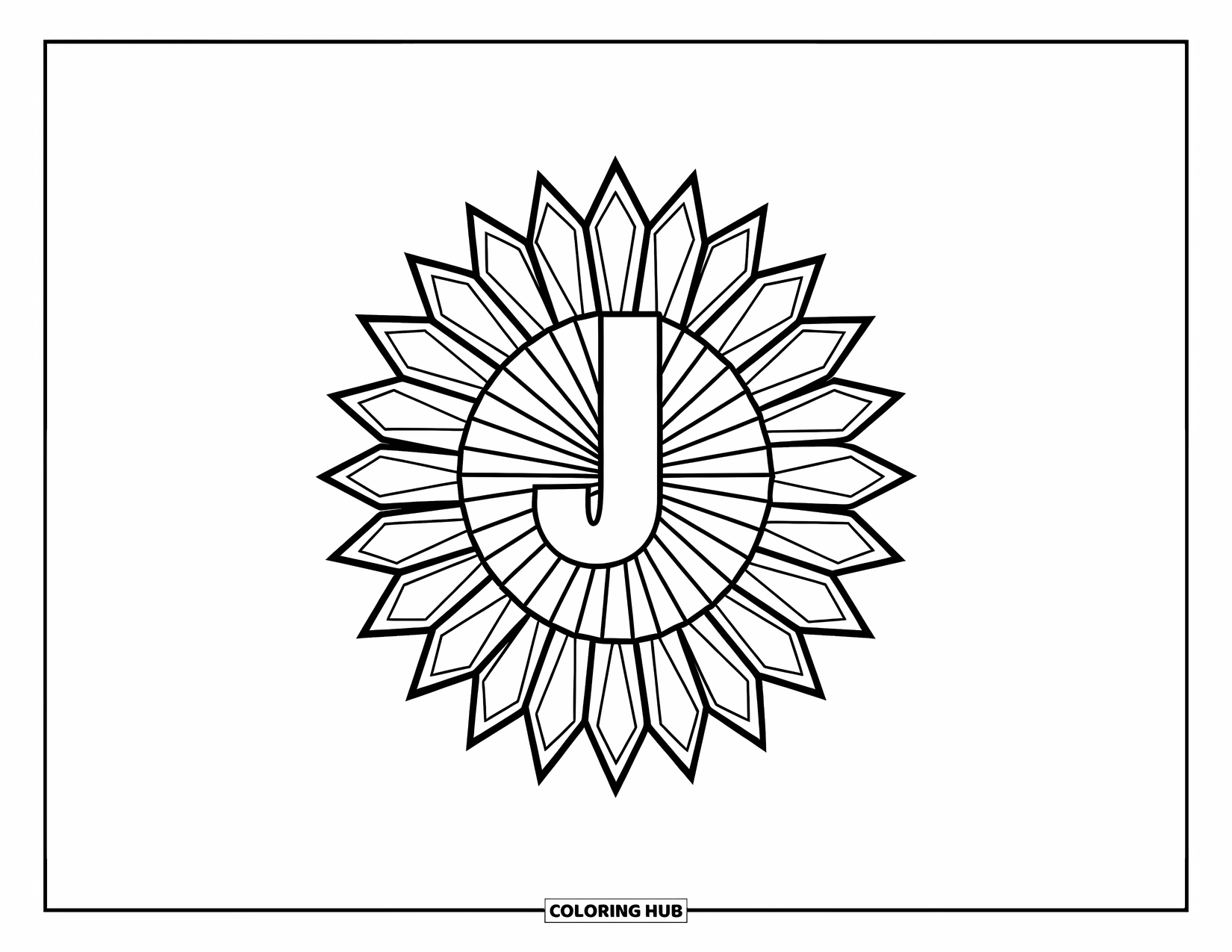 Letter J Coloring Page for Adults: J made of sunflower petals in a stained glass-inspired design