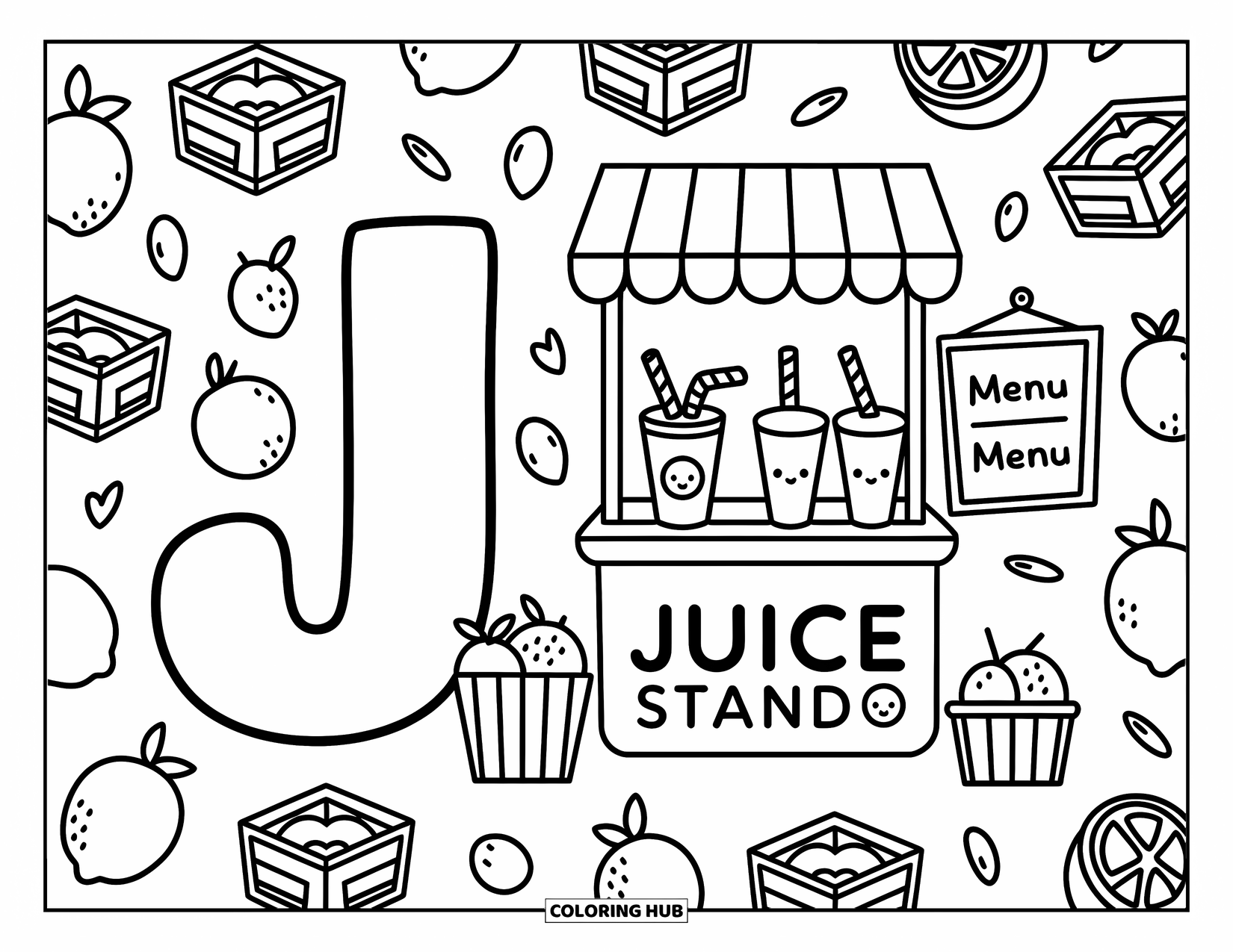 Letter J Coloring Page for Adults: J next to a fruit-filled juice stand with crates, straws, and a menu board