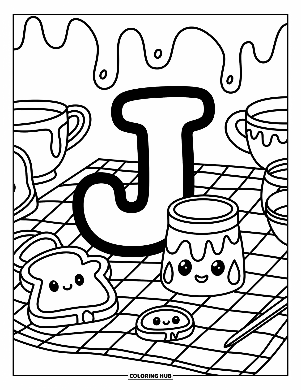 Letter J Coloring Page for Adults: J rests beside a jam jar with toast, fruit, and teacups on a picnic mat