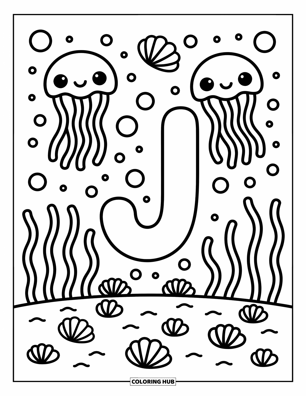 Letter J Coloring Page for Adults: J sits on the ocean floor with jellyfish, seashells, bubbles, and seaweed