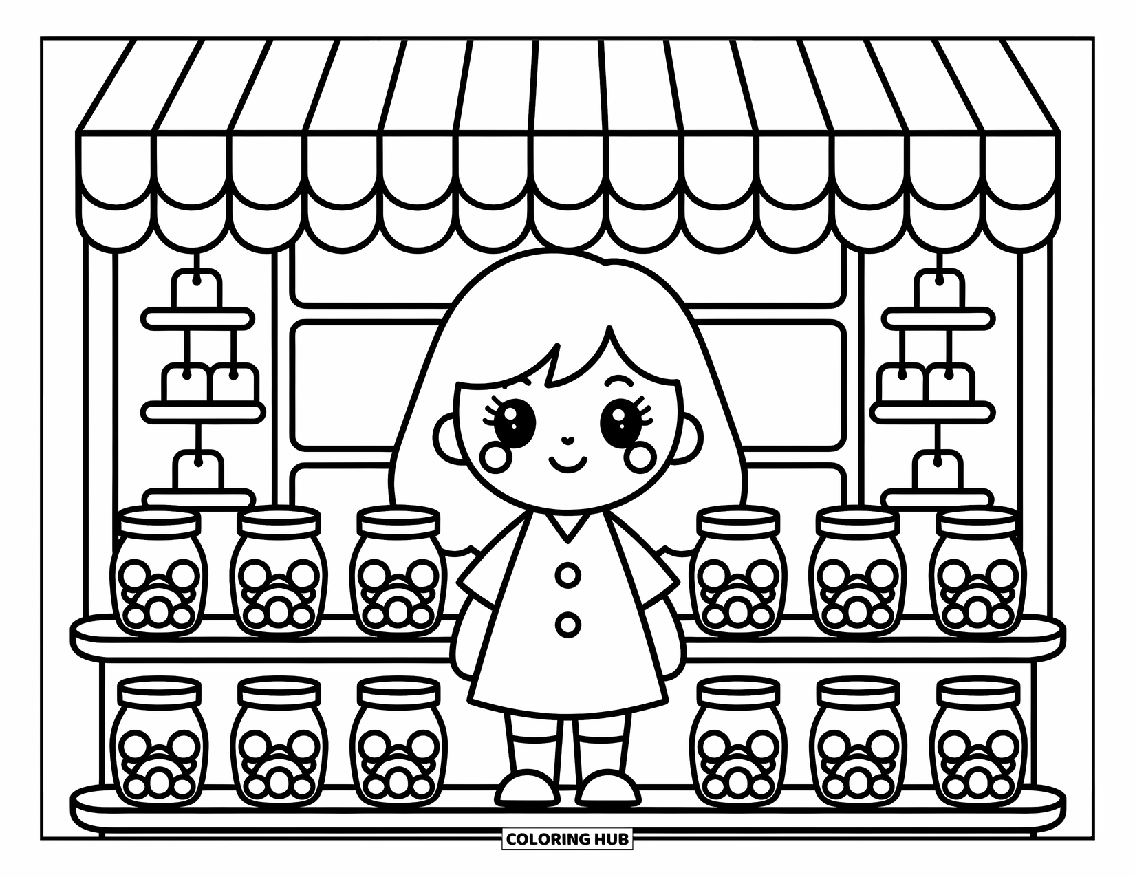 Letter J Coloring Page for Adults: J stands in a sweet shop filled with jelly candy jars and cozy shelf details