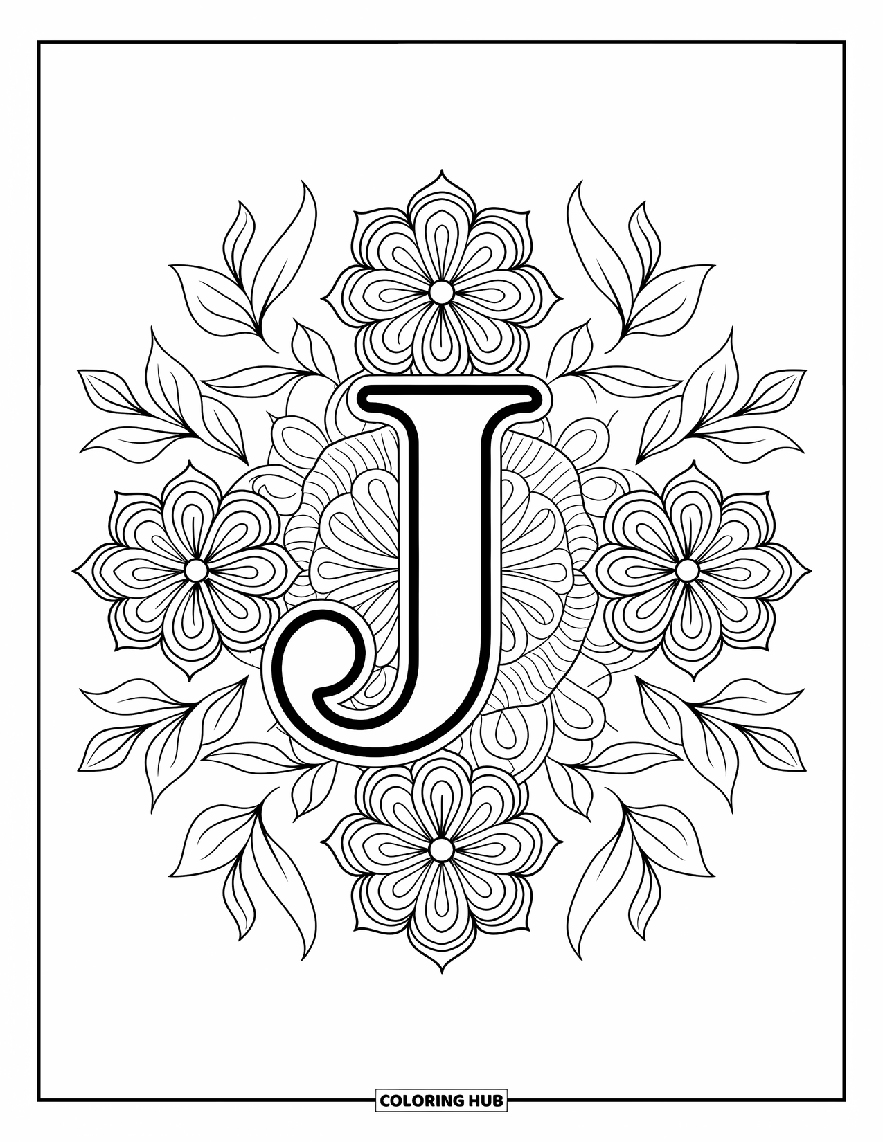 Letter J Coloring Page for Adults: J surrounded by peaceful mandalas and flowing floral leaves