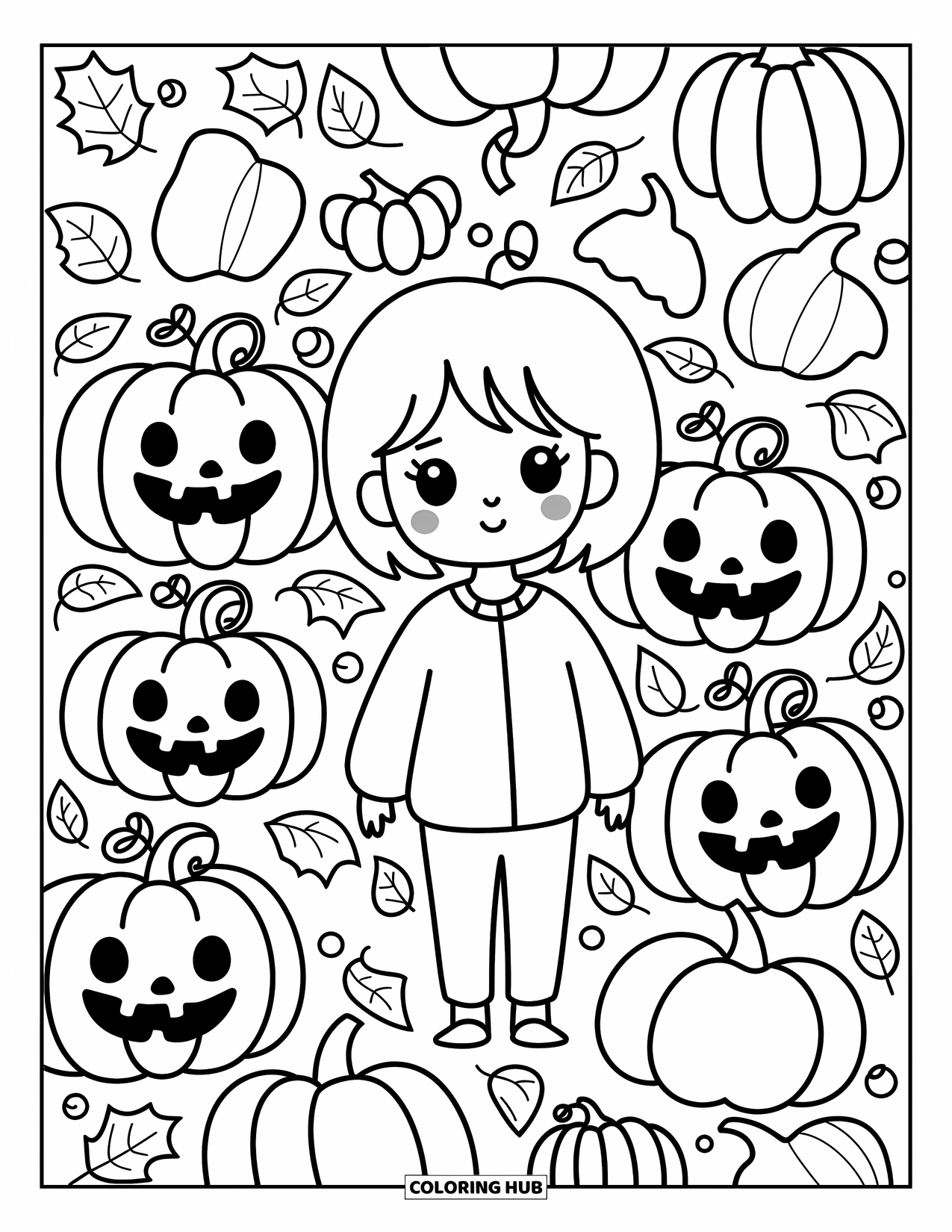 Letter J Coloring Page for Adults: J surrounded by soft jack-o'-lanterns, curling vines, and falling autumn leaves
