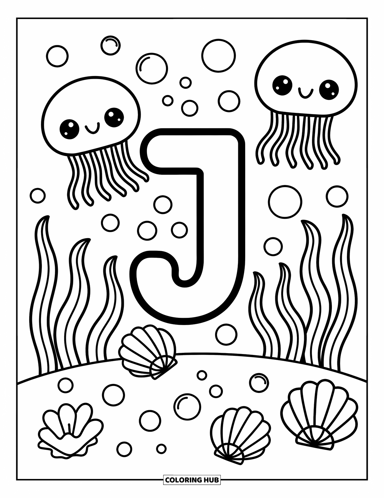 Letter J Coloring Page for Adults: J with jellyfish, seashells, and swaying seaweed under the sea