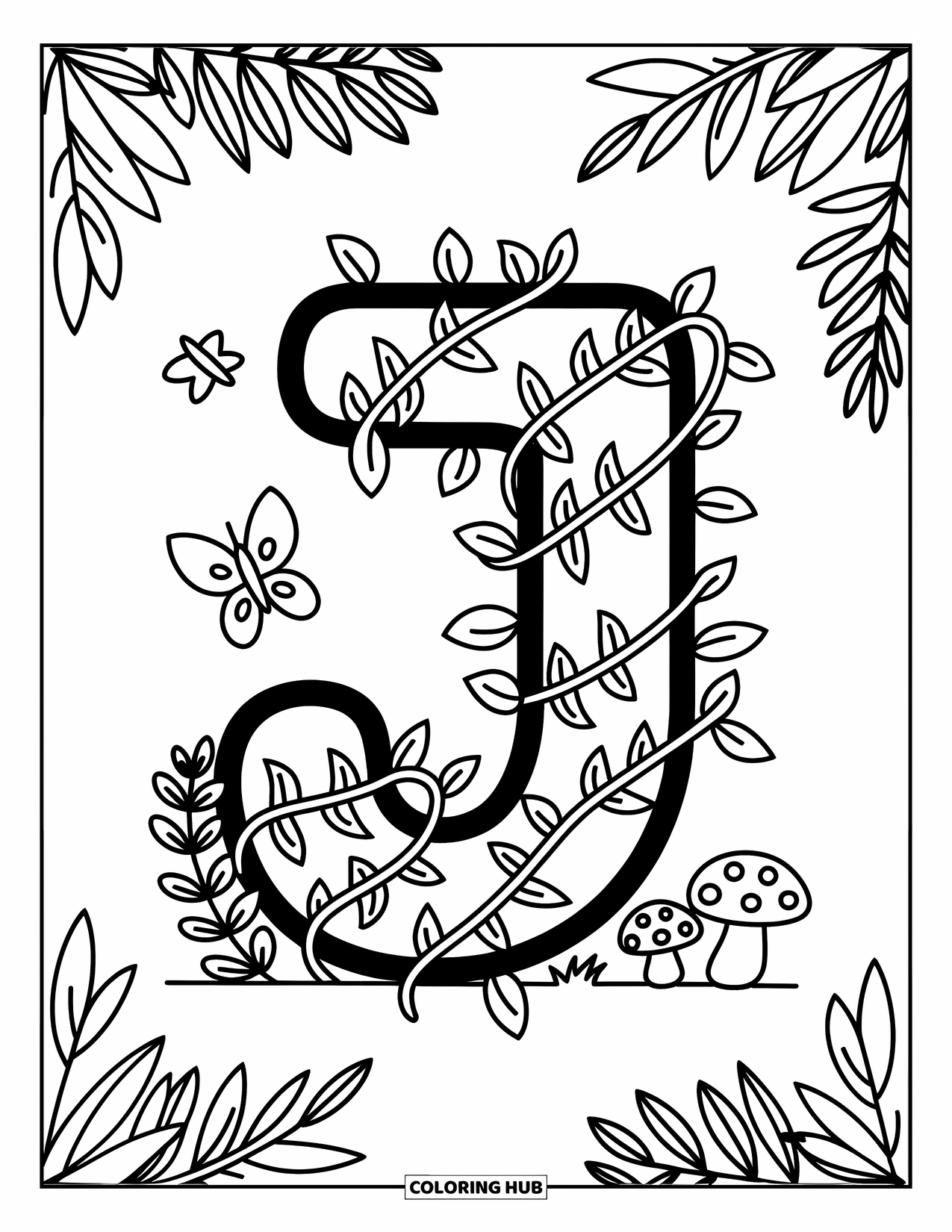 Letter J Coloring Page for Adults: J wrapped in vines with leafy trees, mushrooms, and a perched tropical bird