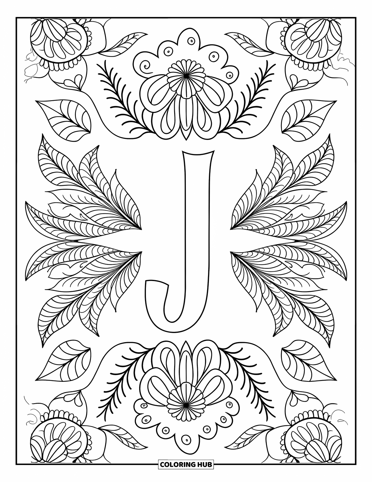 Letter J Coloring Page for Adults: Mandala flowers and leafy shapes surround a bold letter J