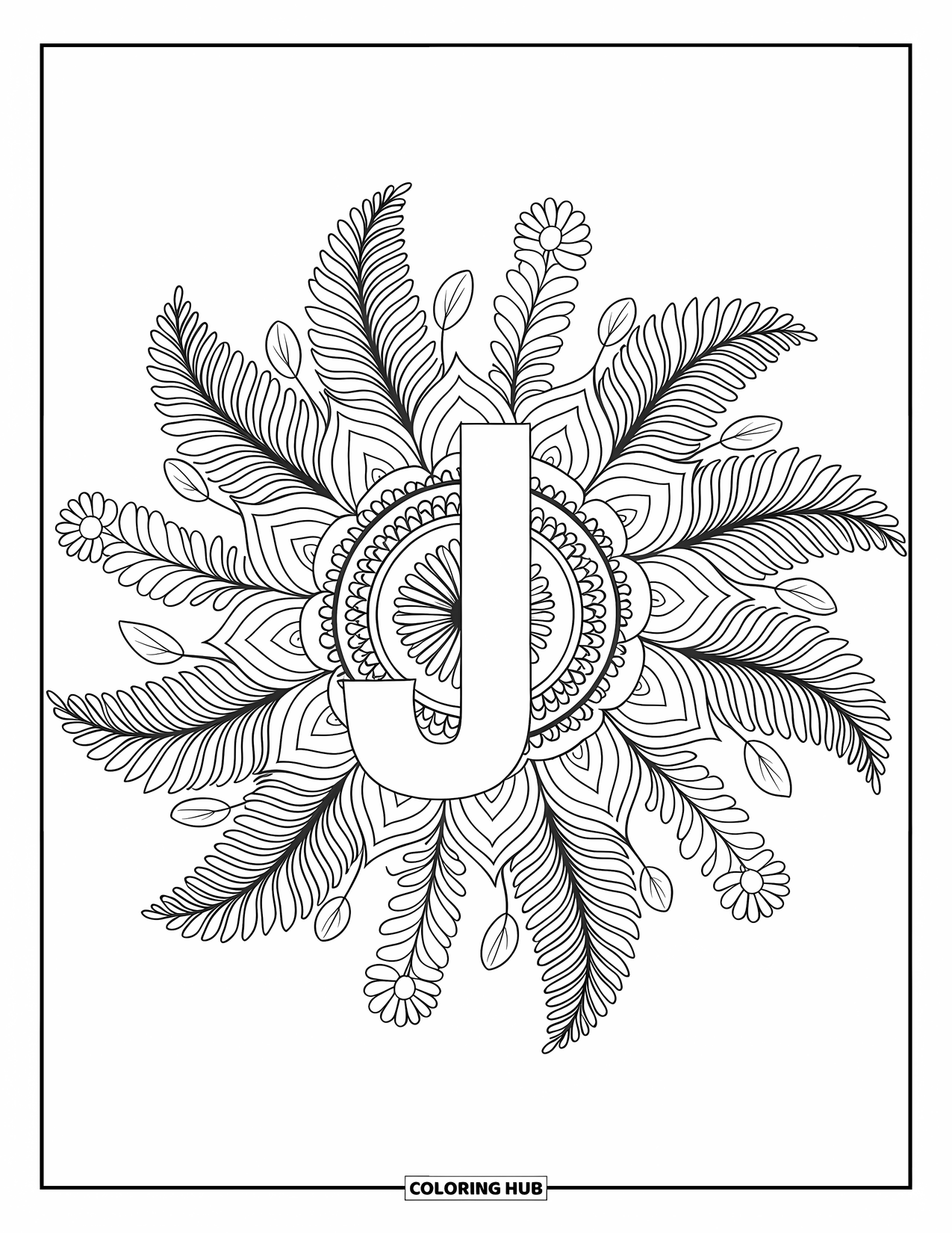 Letter J Coloring Page for Adults: Mandala of layered leaves and flowers surrounds the letter J