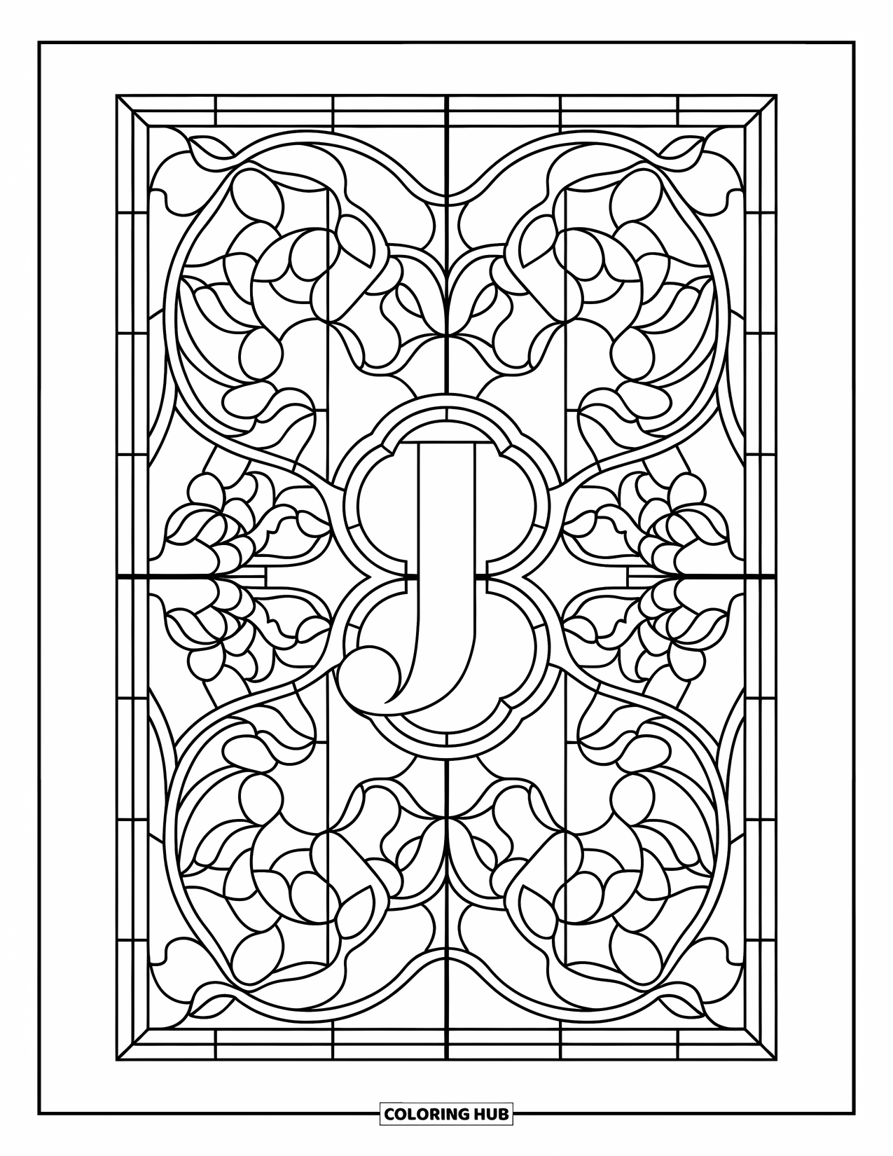 Letter J Coloring Page for Adults: Symmetrical stained glass design with floral vines around the letter J