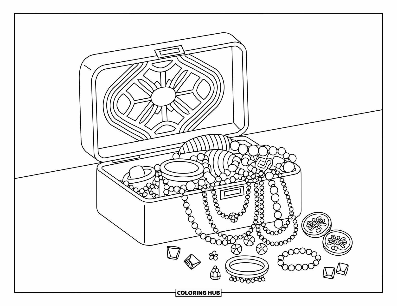 Letter J Coloring Page for Kids: An open jewelry box with charming rings, bracelets, and necklaces scattered around