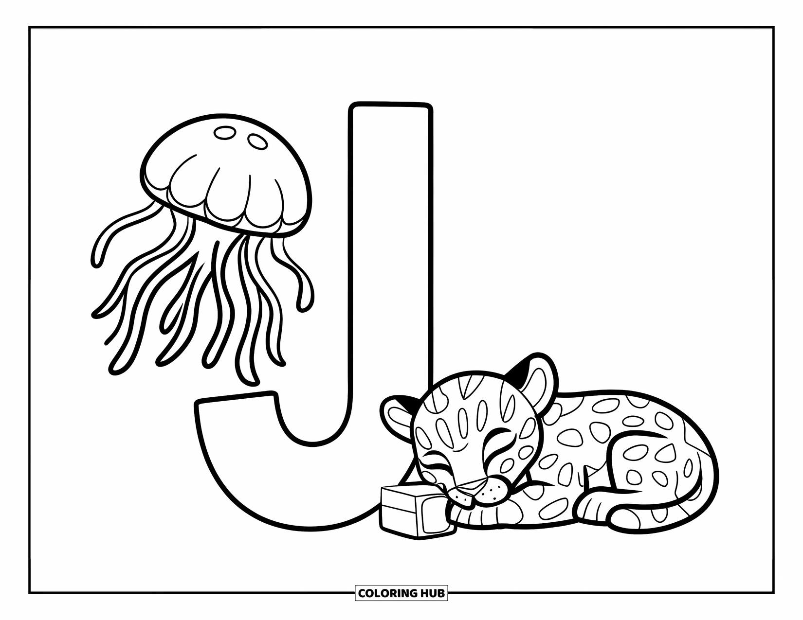 Letter J Coloring Page for Kids: Big J and little j with a jellyfish and a sleepy jaguar cub