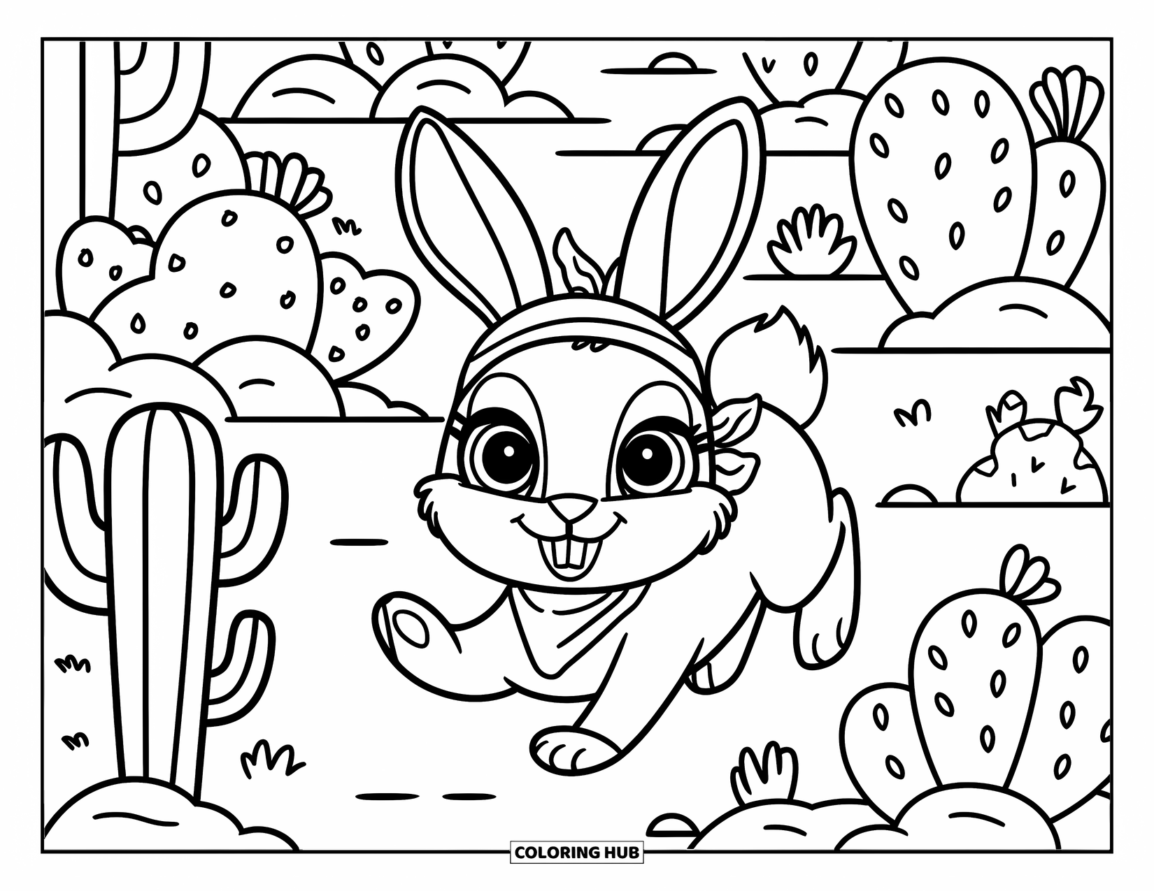 Letter J Coloring Page for Kids: Jackrabbit hopping along a desert trail with cacti, flowers, and a cute bandana