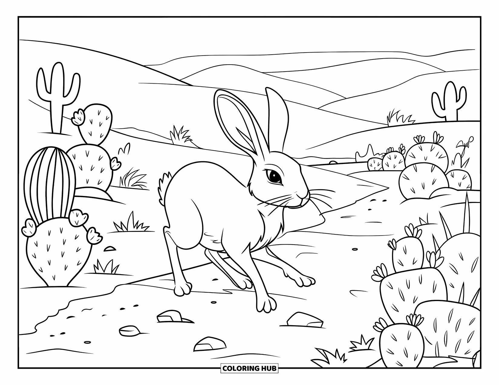 Letter J Coloring Page for Kids: Jackrabbit jumping through a wide desert trail surrounded by hills, cacti, and flowers